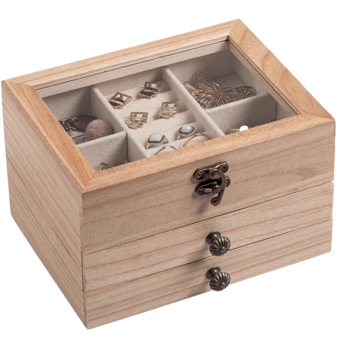 Three-Layer Jewelry Box Jewelry Storage Box Wooden with Transparent Cover Bracelet Brooch Watch Jewelry Storage Box Jewelry