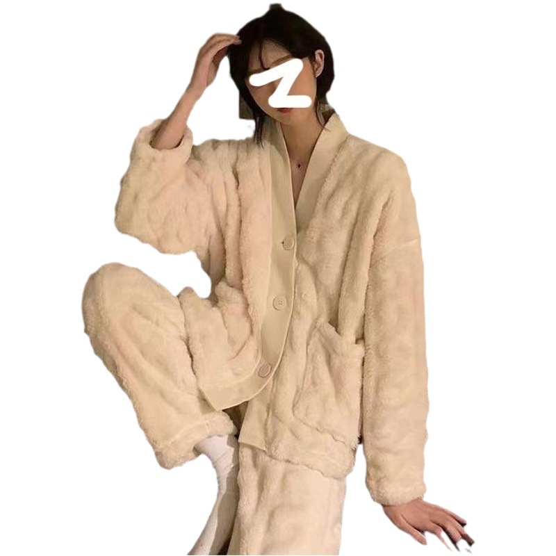 Net red pajamas women's long-sleeved V-neck flannel autumn and winter thickened coral fleece students can wear outdoor homewear suit