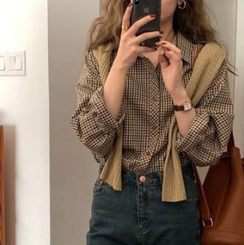 1688 Autumn New Korean Casual Retro Plaid Shirt Brown Loose Long Sleeve Bottoming Shirt Women's Trendy Ladies