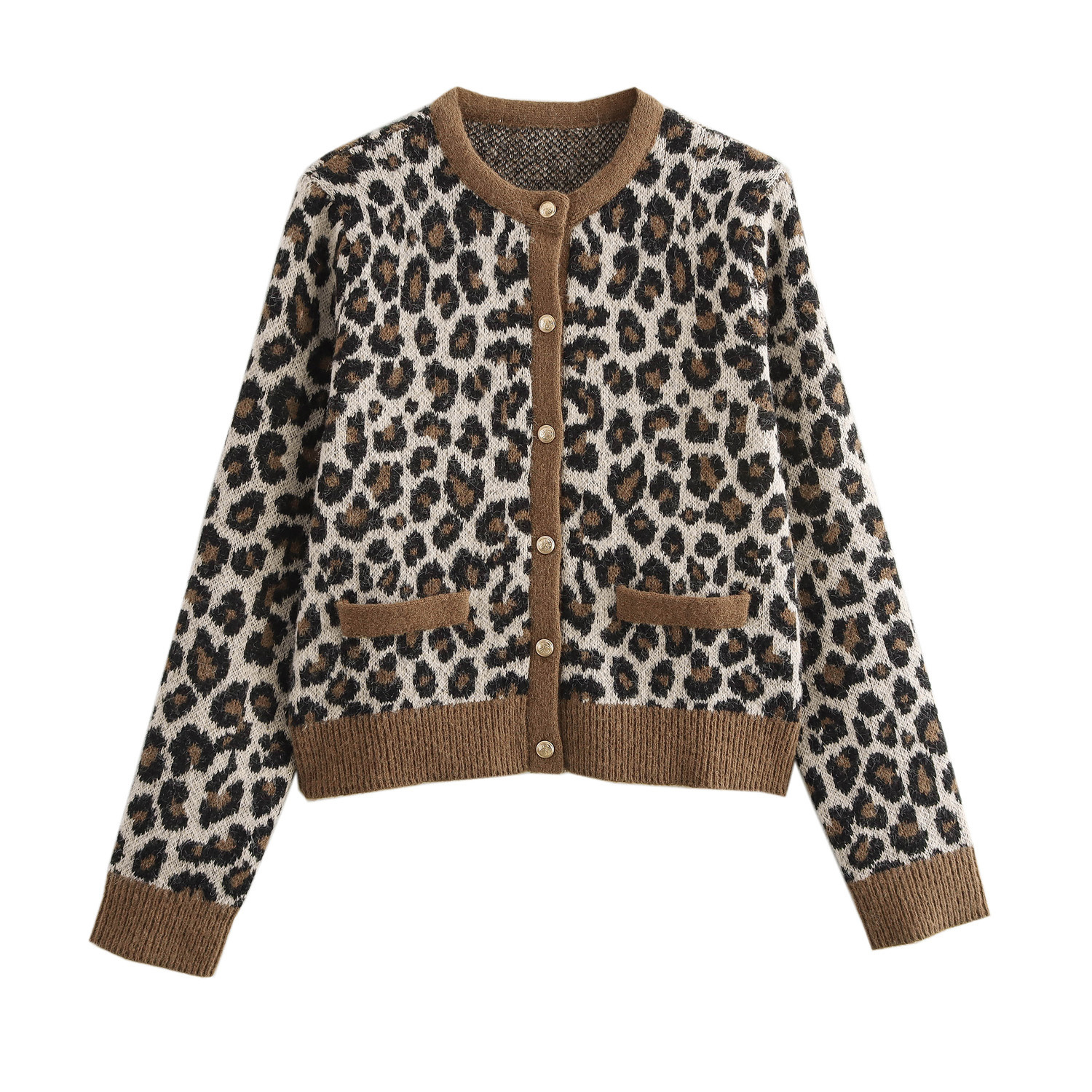ZA cross-border women's clothing wholesale AliExpress explosion round neck single breasted leopard print knitted cardigan 3519119