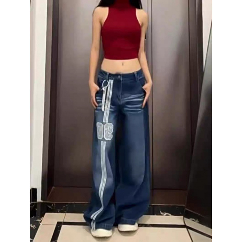 American-style High Street Double-pole Embroidered Wide-leg Jeans Women's Autumn and Winter Retro Loose Slimming Straight Pants