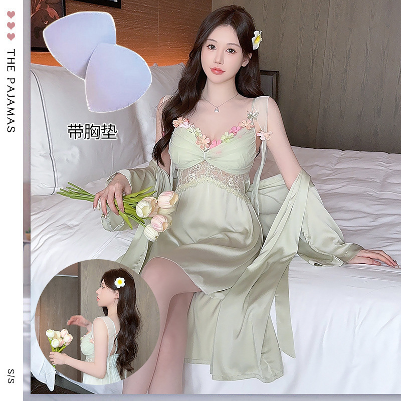 Green Sling Summer Nightgown Robe Sling Sling with Chest Pad Sexy Pure Ice Silk Thin Nightgown Two-piece Set