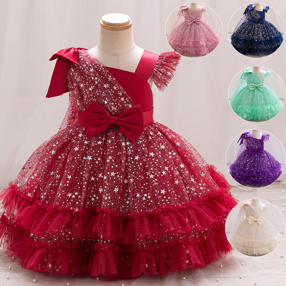 Girls' Cute Dress with Starry Sky Print, Small Flying Sleeves, Fluffy Yarn, Banquet Flower Girl, Piano Dance, Western Style Performance Costume