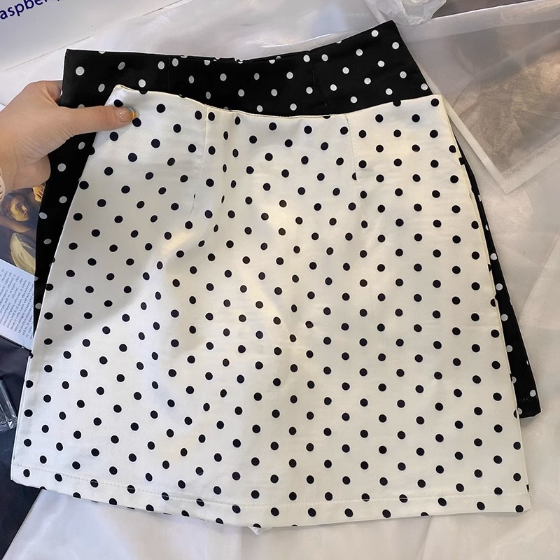 White Polka Dot Print Suit Skirt Women's Summer Thin chubby girl plus size Slimming Pear Shape A- Line Skirt