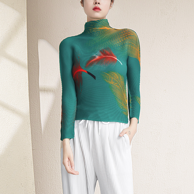 Picture of Miyake's New Half Turtleneck Stretch Slim Printed Bottoming Shirt Top 2025 Autum Pleated Long-Sleeved T-Shirt for Women