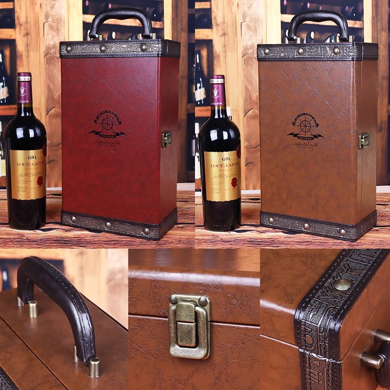 Picture of Spot Red Wine Gift Box Double Leather Red Wine Handbag 2 Wine Packaging Boxes Red Wine Box Wholesale