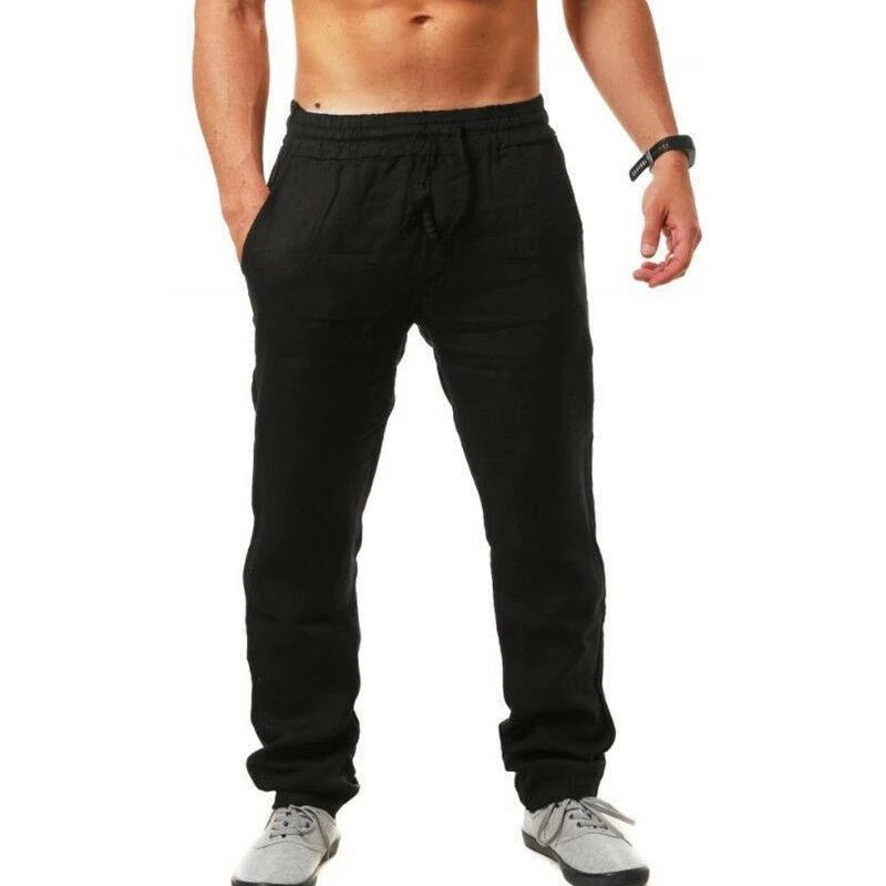 Men's hip hop breathable cotton and linen sports trousers trendy fashionable solid color simple thin casual pants (1)