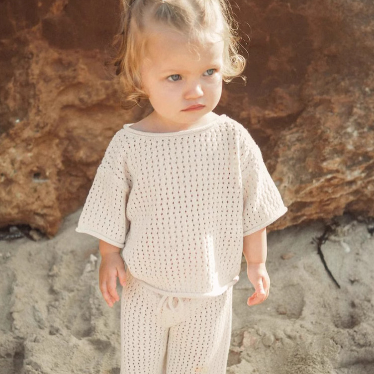 Picture of Baby Summer Hollow Breathable Curled Knit Sweater Short-sleeved Top Trousers suit Baby Cotton Sweater