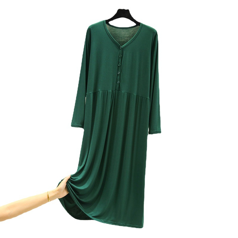 Spring and Autumn New Bit Cotton Large Size Long Sleeve Dress Korean Style Single Breasted Loose Simple Solid Color Home Dress