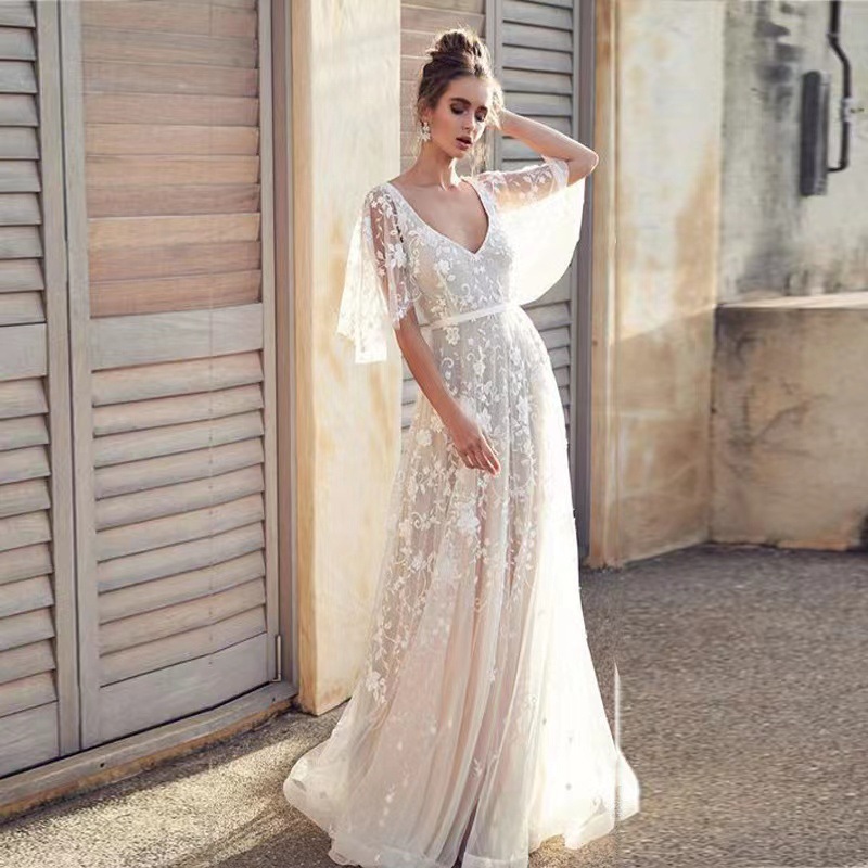 Foreign trade new European and American foreign trade ladies deep V long dress lace backless evening dress