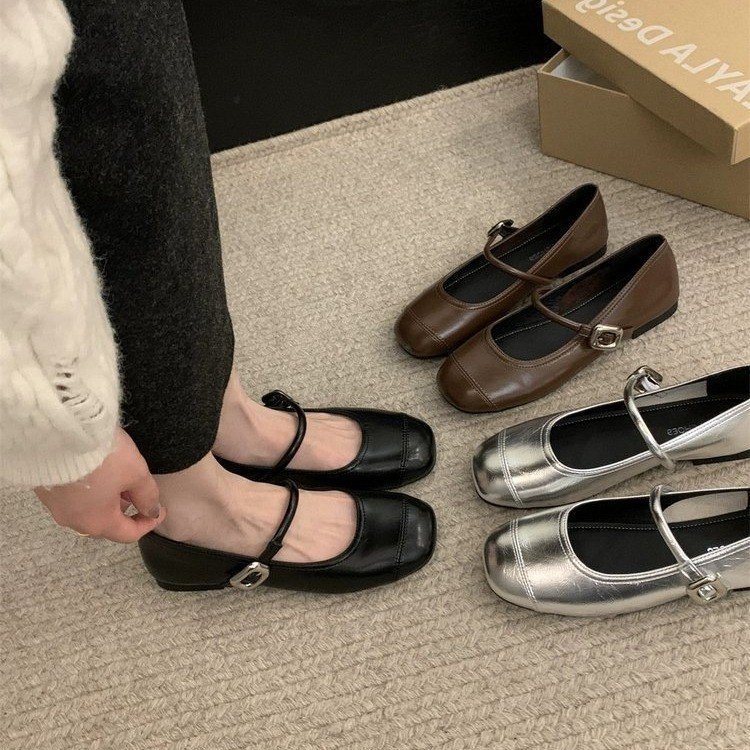 Mary Jane Shoes Women's Spring and Summer 2024 New Korean Style Square Toe Fashion Flat Shallow Mouth Soft Bottom Bean Shoes Women