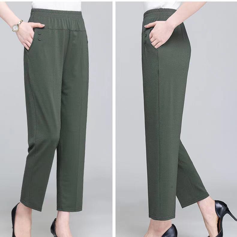 Picture of Middle-aged Summer Thin Elastic Waist Straight Outer Wear Base Long Pants High Waist Mom Pants Casual Pants