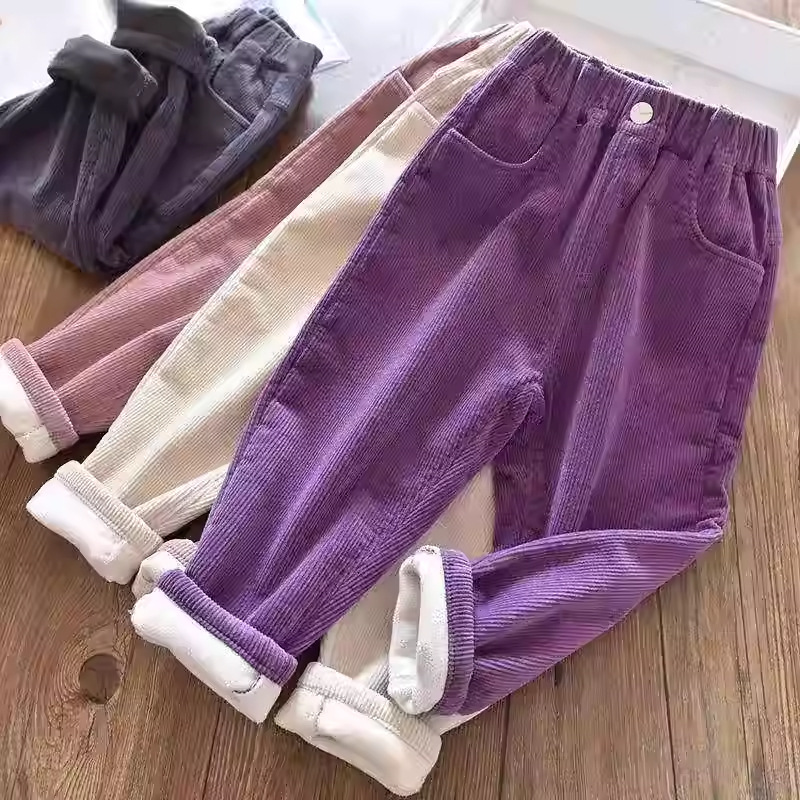 Girls' Boys' Pants Autumn and Winter Outer Wear fleece-lined Thickened 2024 New Children's Corduroy Pants Winter Korean Style Foreign