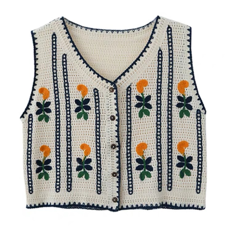 Picture of New Korean Style Knitted Vest Women's Vintage Embroidered Crochet Knitted Shirt Waistcoat Vest Sleeveless Jacket Spring and Summer