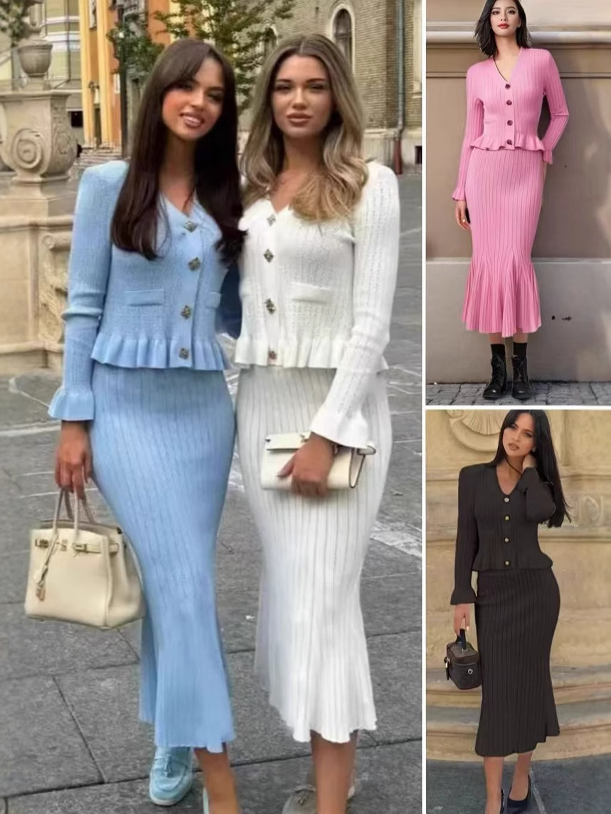 Foreign Trade French V Neck Ruffle Long-Sleeved Cardigan, Hip-Hugging Fishtail Long Skirt, Elastic Knitted Two-Piece Suit for Women