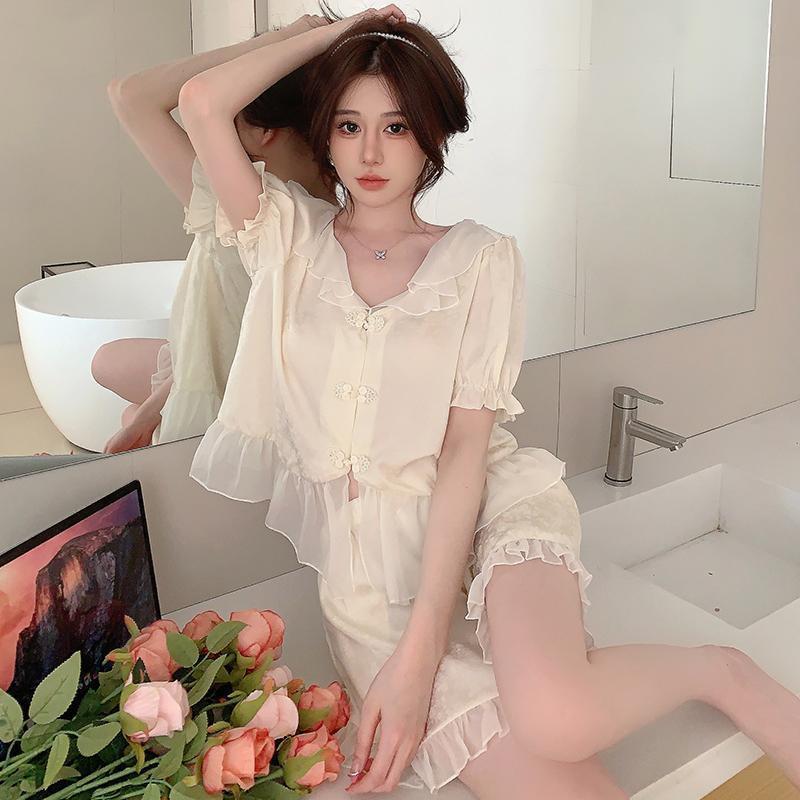 [Yan fu short] with chest pad national style ice silk pajamas women's summer new short sleeve shorts new Chinese style home clothes