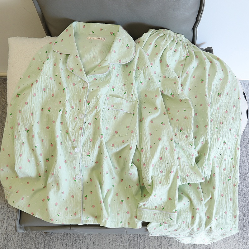 Picture of Online Celebrity Live Dopamine Color Striped Long Sleeve Pajamas Women's Loose Bubble Wrinkle Cute Cross-border suit Foreign Trade