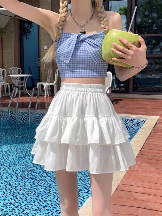 Pink Lotus Skirt Women's Spring and Summer New All-match High Waist Slimming Ruffled A- line Short Cake Skirt