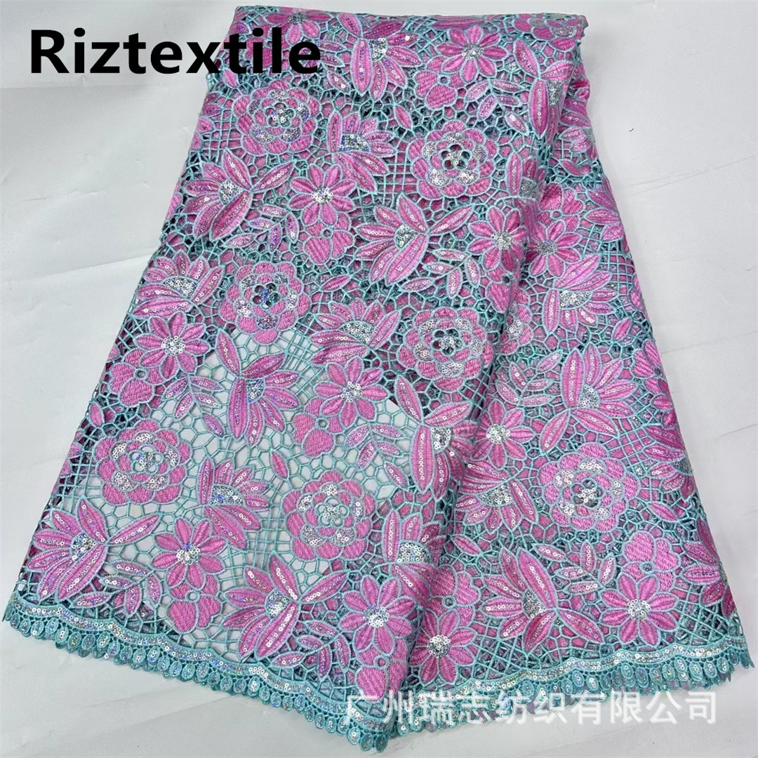Nigeria plant flower water soluble lace fabric laser sequins hollow cheongsam wedding dress fabric lace