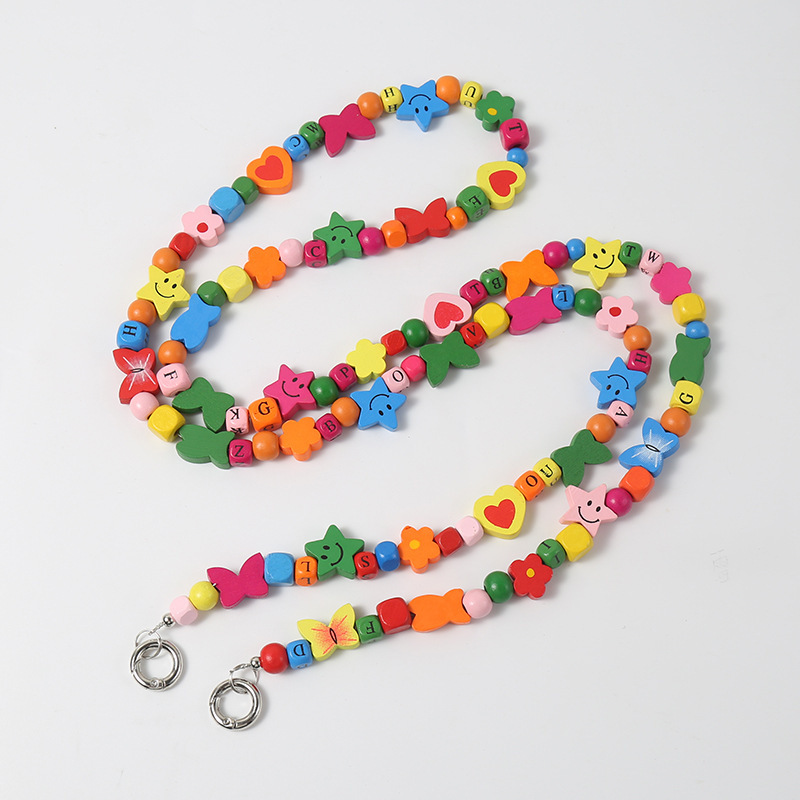 Picture of Wooden Bead Crossbody Chain DIY Phone Case Chain Crossbody Beaded Heart Plum Blossom Butterfly Smiley Face DIY Creative