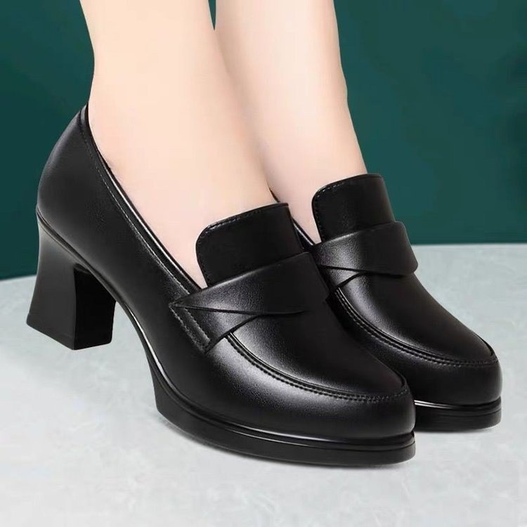 Spring 2025 New Wear-resistant Deep Mouth Soft Leather Single-layer Shoes Thick Heel Thick Sole All-match Professional Work Shoes Women's High Heel Leather Shoes