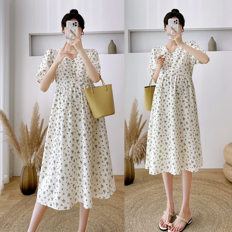 Pregnant Women's Small dress Summer Dress Fresh Floral Short-sleeved Skirt Casual Elegant Age-reducing plus size Mid-length Skirt