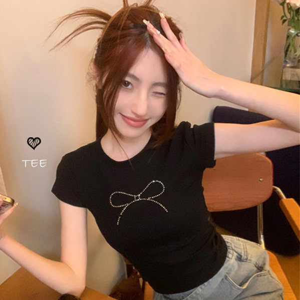 2024 Summer American Hot Girl Short Sleeve T-Shirt Women's Navel Black Bow Hot Diamond Slim Short Top Trendy
