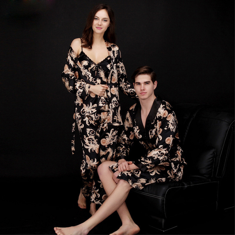 Yaoting silk ice silk couple's pajamas for women, summer three-piece set, long-sleeve men's bathrobe, bathrobe, loungewear
