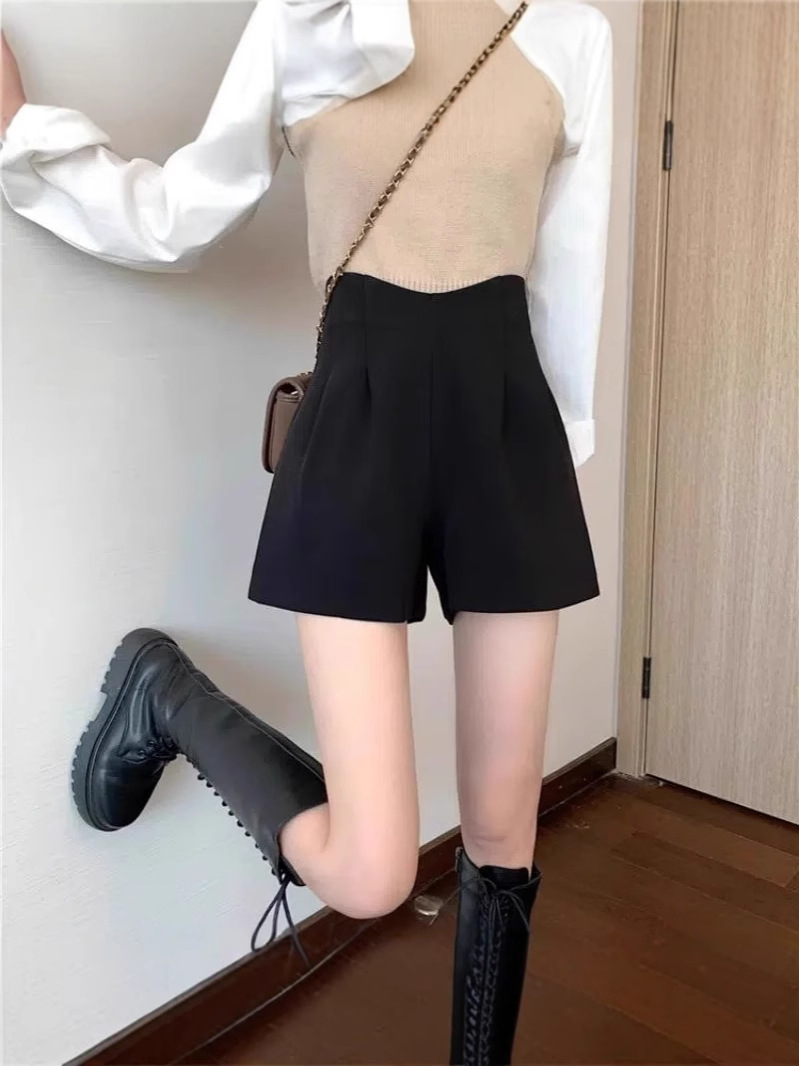 plus size chubby girl High Waist Woolen Shorts Women's Autumn and Winter Outer Wear Slimming Casual Wide Leg Pants Winter Black Base Boots Pants