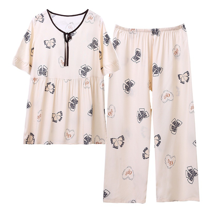 Cotton Silk Women's Pajamas Short-sleeved Cropped Pants Two-piece Set Artificial Cotton Round Neck Lace-up Printed Home Clothes Pajamas Set