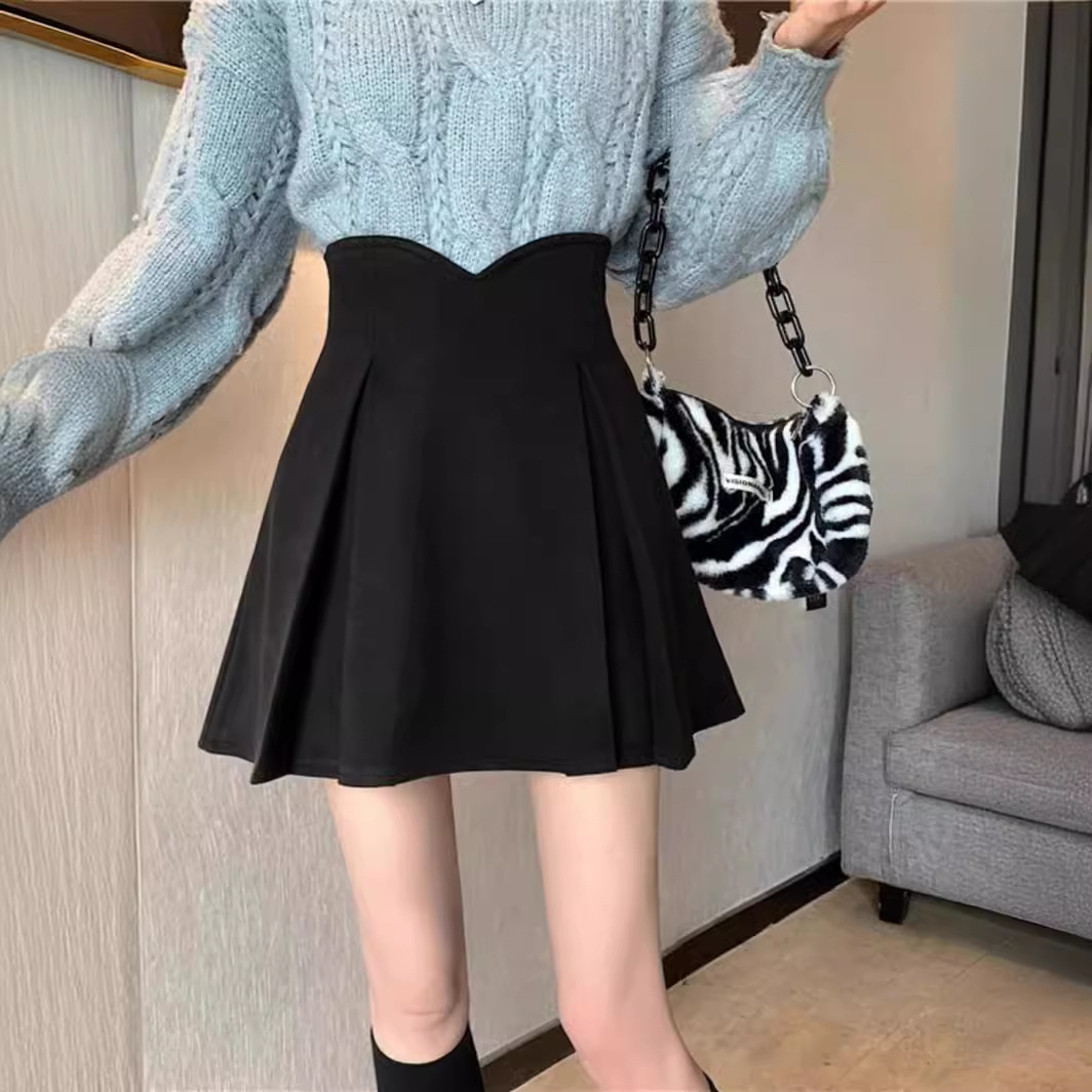 Black Skirt Women's 2024 Summer New High Waist Slimming Pleated Design Fishbone Umbrella Skirt A- Line Hip Skirt