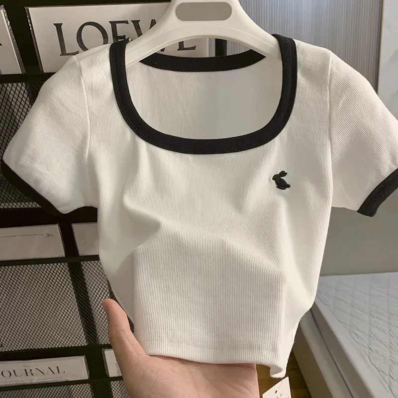 Vintage Contrast Color Shoulder Short-sleeved T-shirt Women's Summer Design Embroidered Square Collarbone Slimming Short Ins Top