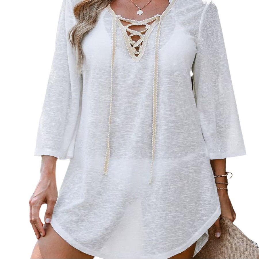 2023 Amazon Cross-border European and American Foreign Trade Spring and Summer New Seaside Blouse Holiday Style Pure Color Belt Dress