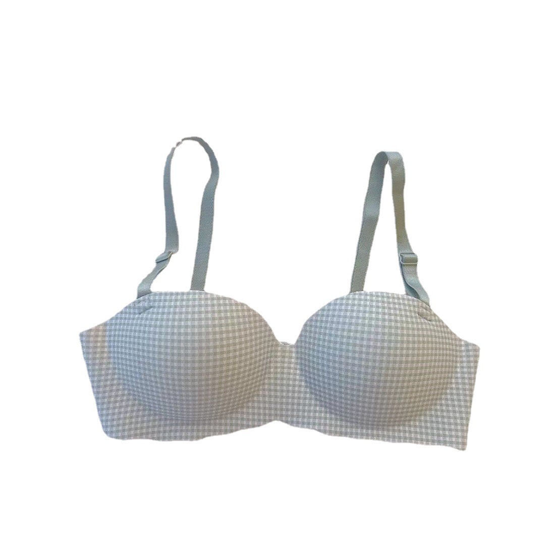 Picture of Half cup Plaid girl underwear one piece Palm Cup seamless small chest gathered wireless bra student bra