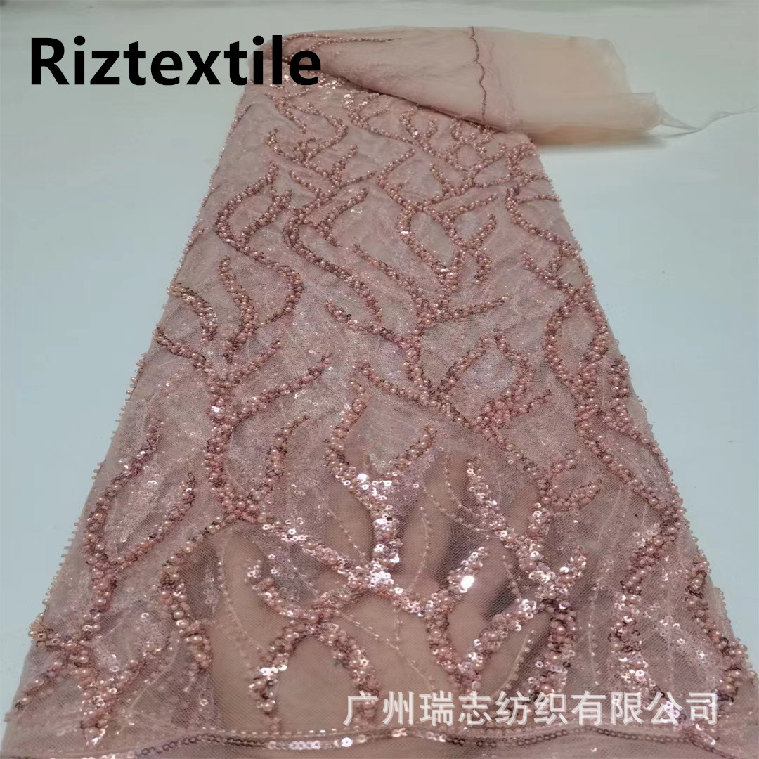 Coral Striped Mesh Wedding Dress Fabric with Bead Tube Sequins Embroidery Stage Cheongsam Fashion Wholesale Lace in Stock