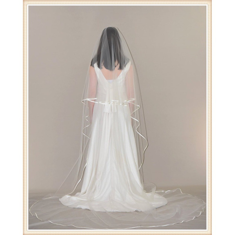Picture of 2020 gauze white ivory edging white ivory long bridal veil double layer Chapel wedding