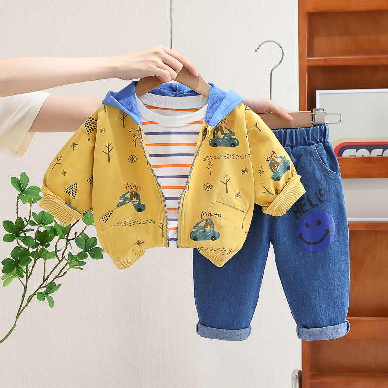 New Korean style children's zipper hoodie coat baby Western style three-piece children's clothing wholesale boys' autumn clothes suit