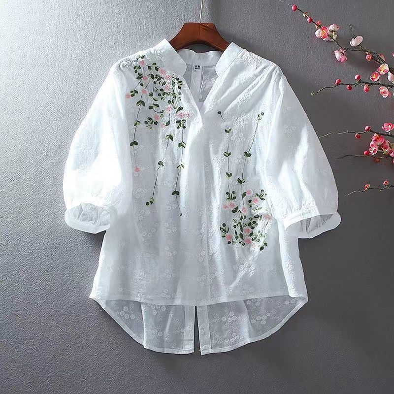 Picture of Fashion Literary Style Pastoral Style Embroidery Flower Lace Cotton Design Sense Front Short Back Long V-neck Shirt Women's Top for Summer