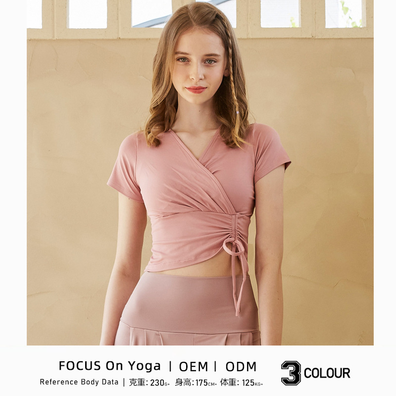 23 Summer Fashion New Short-Sleeved Yoga Clothes V-Neck Cross-Tie Rope Slim Waist Sports Pilates Ballet Style Top