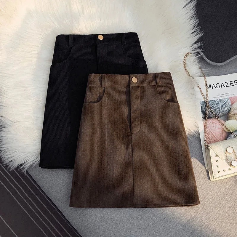 Black corduroy skirt plus size chubby girl autumn and winter sheath women's A- line skirt slimming versatile one-step skirt