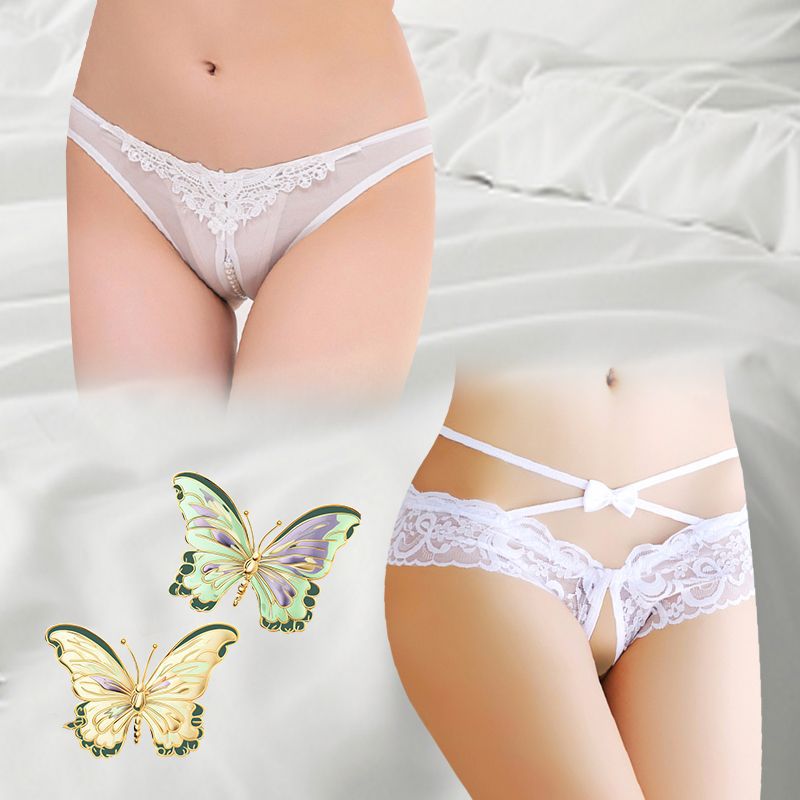 2 Pieces Sexy Transparent Women's Underwear Lace Embroidered Open Crotch Sexy Sexy Underwear T Pants Open Pants Free Beads