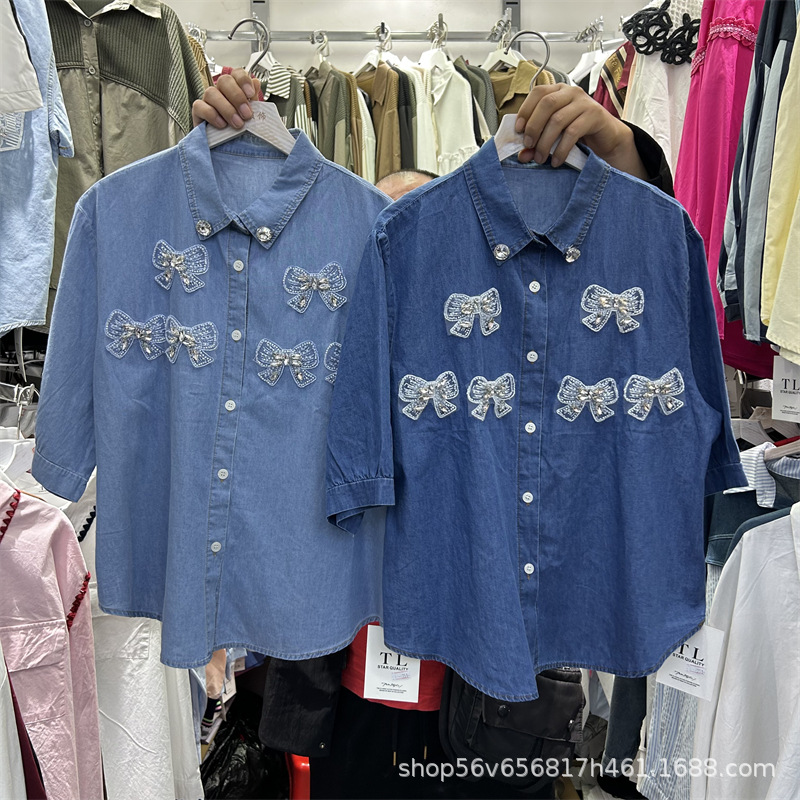 European Heavy Industry Diamond Bow Denim Shirt Women's Summer New Loose Fashion All-match Short Sleeve Shirt
