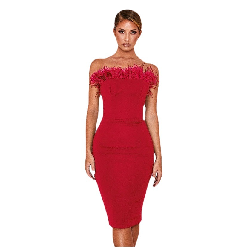 2022 European and American Women's Dress q Off-shoulder Tube-top Hip Tight Stretched Feather Dress Evening Dress Banquet Sexy INS