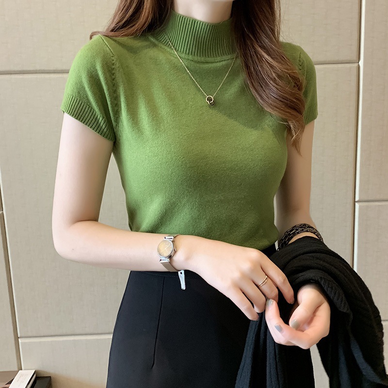 Women's Half-High Neck Half-Sleeve Knitwear Autumn and Winter Base Shirt Inner Sweater Slim-Fit Slimming Short Vest Top for Outer Wear