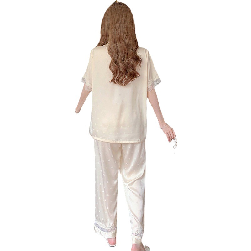 New wave dot lace pajamas women's artificial silk white age-reducing net red wind short sleeve trousers home clothes summer wholesale