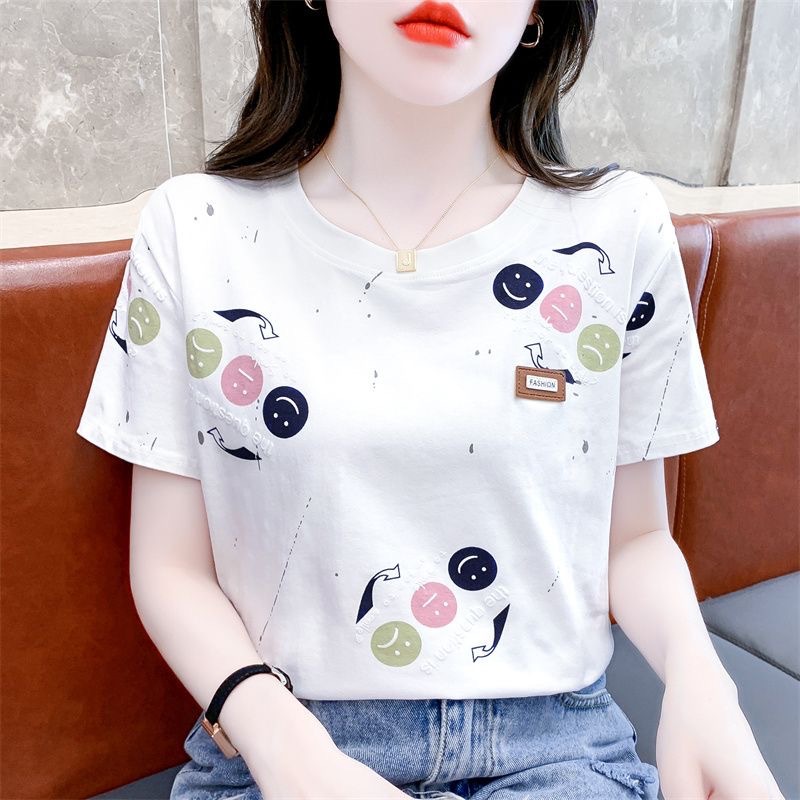 Summer Women's Shoulder Mother's Short-sleeved T-shirt Instagram Popular New Arrival Loose Slimming plus size White chubby girl T-shirt Top