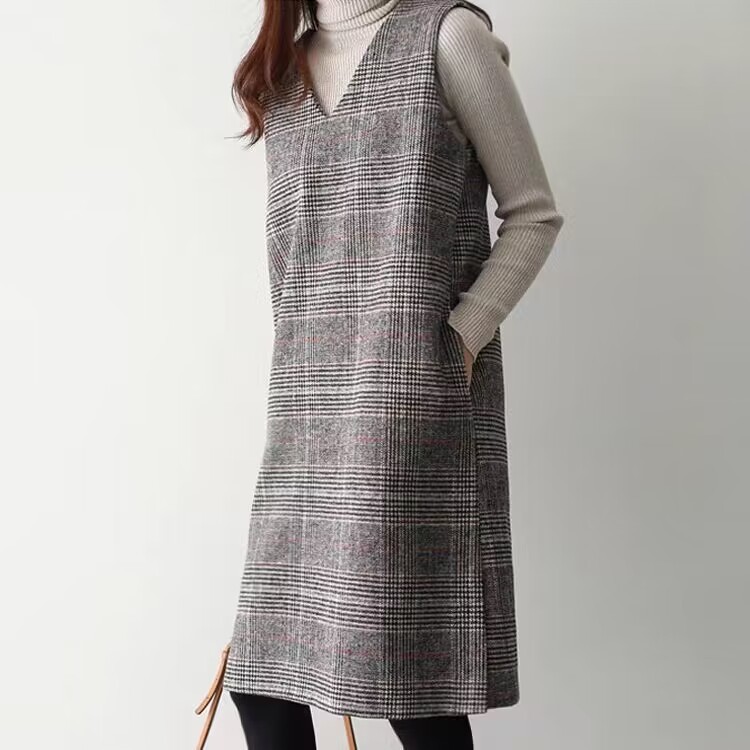 Fall/Winter 2023 New plus size Woolen Vest Skirt chubby girl Sleeveless dress Midi Korean-style Plaid Women's Skirt