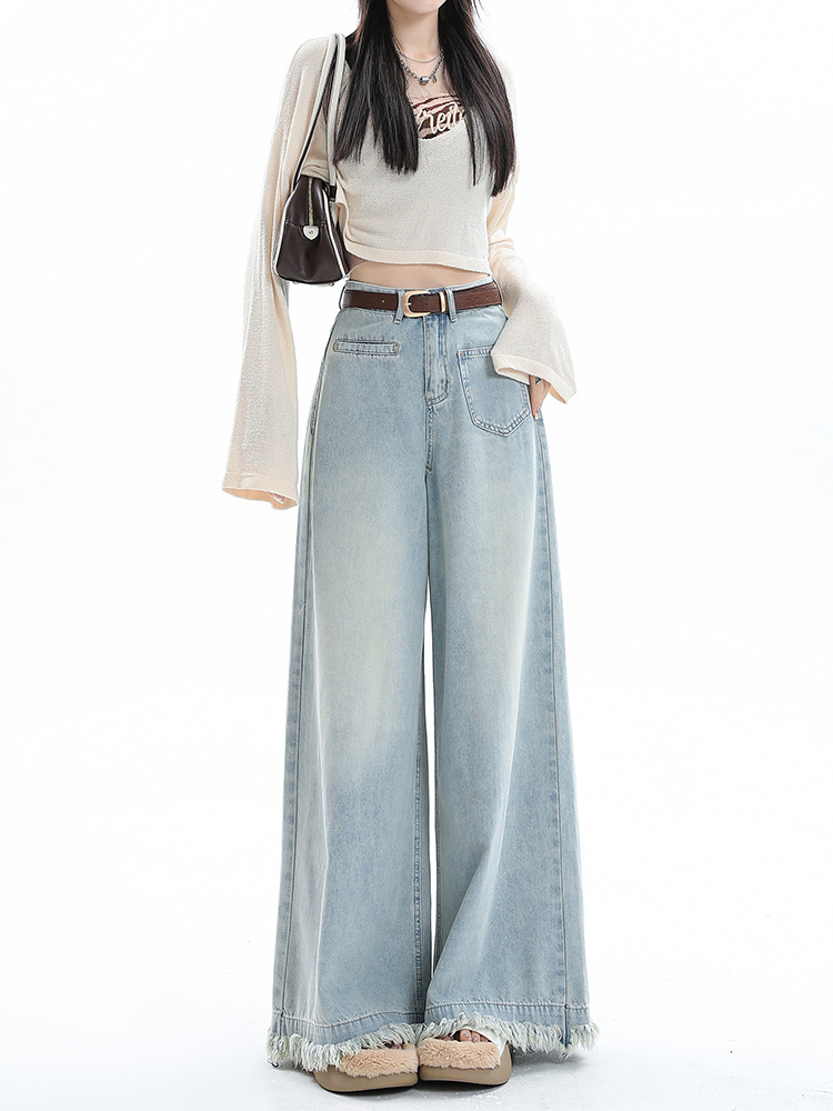 Woolen Wide Leg Jeans Women's Spring 2024 New High Waist Loose Light Color Design Niche Dipped Pants
