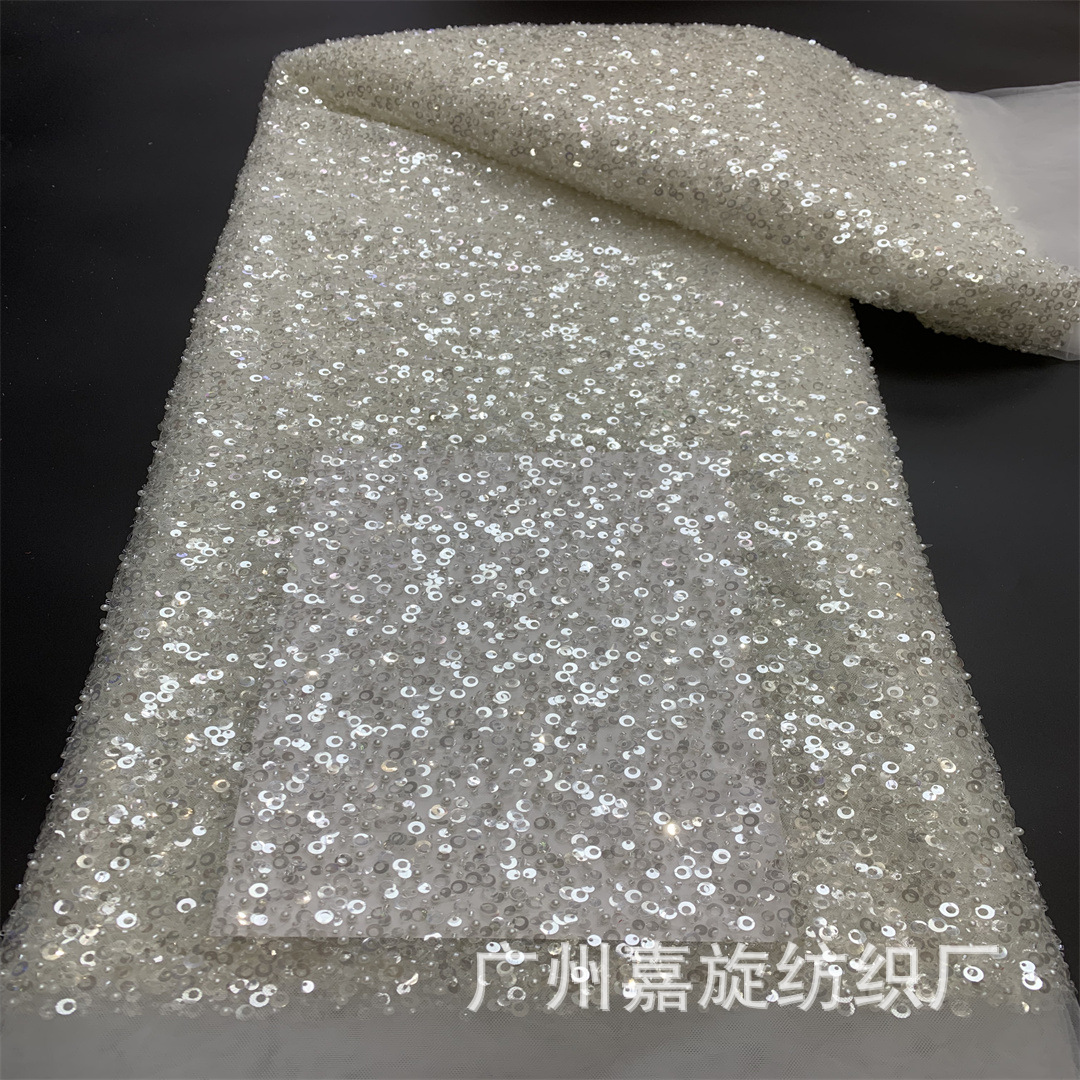 Picture of 2021 Full Pearl Embroidered Cloth Fashion Crystal Sequins Computer Embroidered Fabric Wedding Dress Fashion Fabric JX865