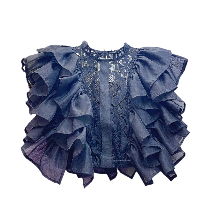 Picture of Summer New High-end French Ruffled Stitching Crochet Hollow Lace Shirt Women's Chic Top Trendy